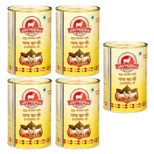 Gavyratan Pathmeda A2 Desi Cow Bilona Ghee - Natural Flavour, Bi-Directionally Churned, Traditional Vedic Process, High Smoke Point, Made By Rural Communities (Pack Of 5 * 1 Litre)