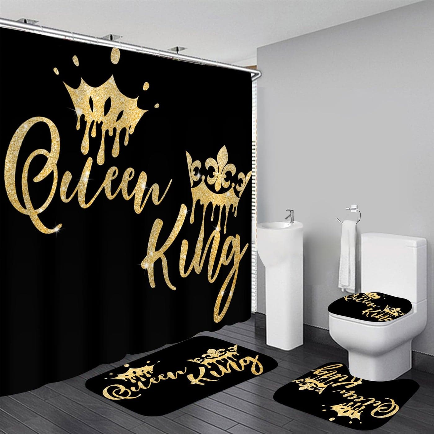 AZHM Queen and King Shower Curtain Set for Bathroom 4 Pcs Black Bathroom Accessory Decor Sets with Shower Curtain and Rugs