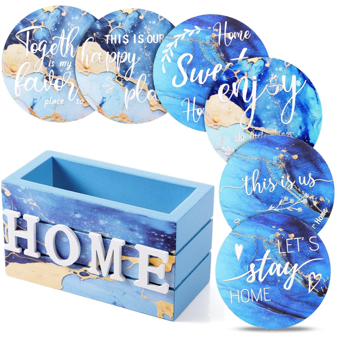 Queekay Coasters Set of 6 House Warming Gifts New Home Wooden Farmhouse Drink Coasters with Holder 4 Funny Decoration for Kitchen Family Coffee Bar Tabletop ProtectionGilded Blue