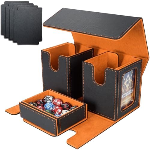 AFIING MTG Commander Deck Box 200 Double Sleeved Cards Storage 3in1 Magnetic Card Case Organizer for Magic The Gathering TCG CCG 4 Dividers 2 Toploaders BlackOrange