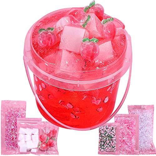 Premade Peach Pink Jelly Cube Glimmer Crunchy Crystal Slime Includes 6 Sets of Addins Sensory and Tactile Stimulation Stress Relief Party Favors for Girls Boys