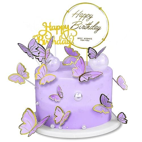 60Pcs Butterfly Cupcake Topper Purple Gold Lively 3D Butterflies with 2Pcs Happy Birthday Topper for Cake Decor Birthday Anniversary Kids Wedding Girl Women Party Wall Food DecorationsMixed Size