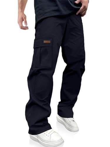 PLEPAN Men's Sweat Pants Casual Cargo Pants Drawstring Hiking Pants Workout Tactical Joggers Sweatpants for Men Blue Large
