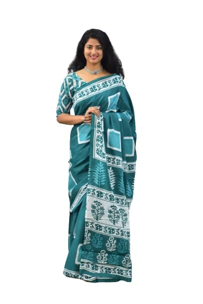 JALTHER Handicrafts Women's Ikat Hand Block Print Jaipuri Cotton Mulmul Saree with Blouse Piece - Turquiose_115