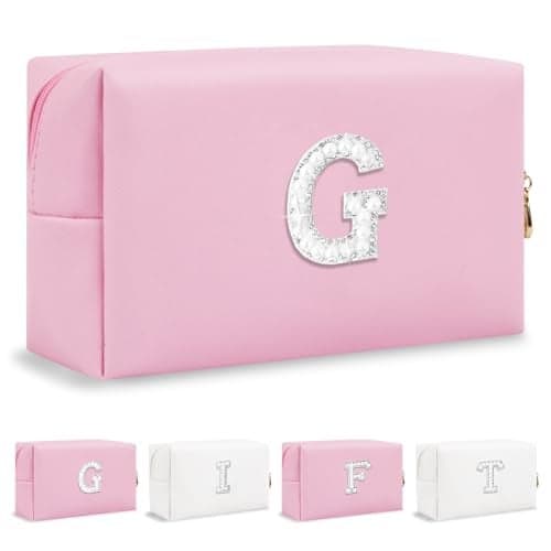Personalized Birthday Gifts Initial Letter Makeup Bag for Women,Pearl Rhinestone Patch Cosmetic Bag Toiletry Bag,Pink Cute Preppy Make Up Bag,Monogram Christmas Gift for Teen Girls Mom Friend Wife,G
