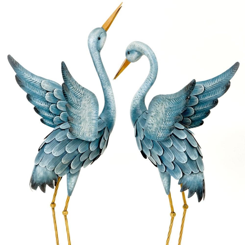 Bits and Pieces Japanese Blue Heron Metal Garden Sculpture Set Two Metal Cranes Perfect for Garden Dcor Metal Garden Art Outdoor Lawn and Patio Dcor Backyard Sculpture and Decoration
