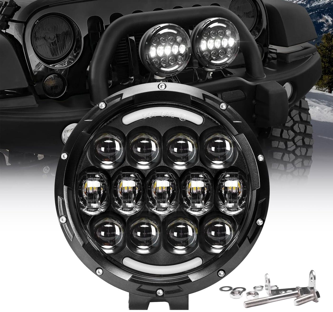 AUDEXEN LED Work Lights, 7 Inch 105W Round Spot LED Pods Light Bar High/Low Beam DRL with Adjustable Mounting Bracket Compatible with Jeep Off Road 4WD Truck SUV UTV ATV Driving Lamp - 1pcs