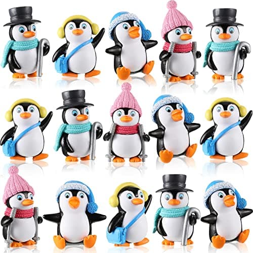 Zhanmai 16 Pcs Mini Penguin Characters Toys Collection Playset Cute Cartoon Figures Cake Topper Winter Penguin Figurines Cake Decoration for Christmas Birthday Landscape Party Supplies