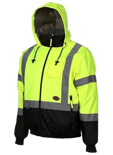 Pioneer Hi Vis Safety Bomber for Men Waterproof Reflective ANSI Class 3 Winter Rain Jacket with Detachable Hood