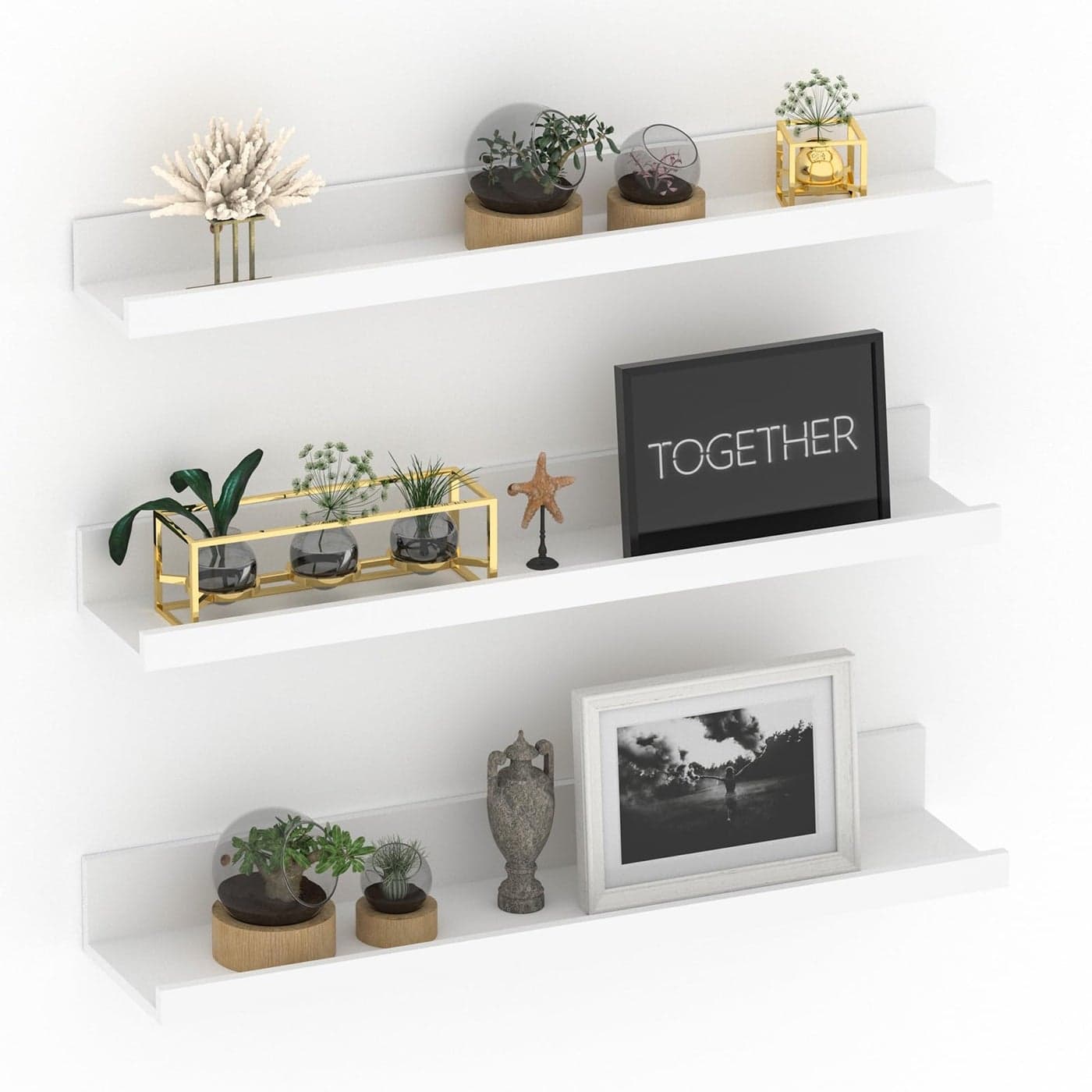 Giftgarden 24 Inch White Floating Shelves for Wall Mount Modern Wood Wall Shelf Ledge for Bathroom Bedroom Living Room Kitchen Nursery Storage Set of 3 Different Sizes