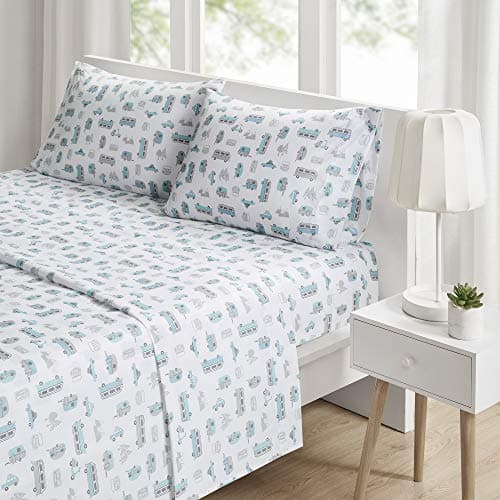 Intelligent Design Microfiber Cozy Bed Sheet Set, Modern All Season Bedding & Pillowcases, Premium 14" Elastic Pocket Fits up to 16" Mattress, Full Grey/Blue Road Trip 4 Piece