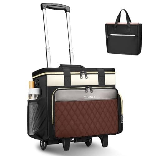 Ytonet Rolling Teacher Bag, 15.6 Inch Rolling Laptop Bag with Detachable Dolly & File Teacher Tote, Large Roller Briefcase for Women Teaching Office Work Craft Nurse, Black Beige Brown