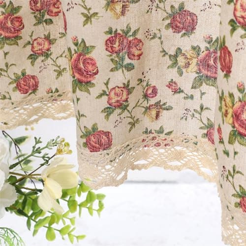 Moslovstar Farmhouse Cotton Linen Tier Curtain 15.7 Inch Long Elegant Floral Lace Window Valance Kitchen Bathroom Short Curtain, 1 Panel, Blooming Roses on Beige