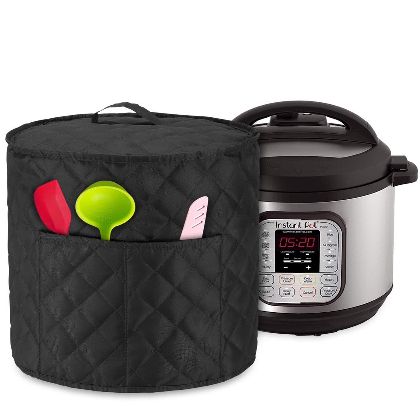 LUXJA Dust Cover Compatible with 6 Quart Instant Pot, Cloth Cover with Pockets Fits Instant Pot (6 Quart) and Extra Accessories, Black Quilted Fabric (Medium)