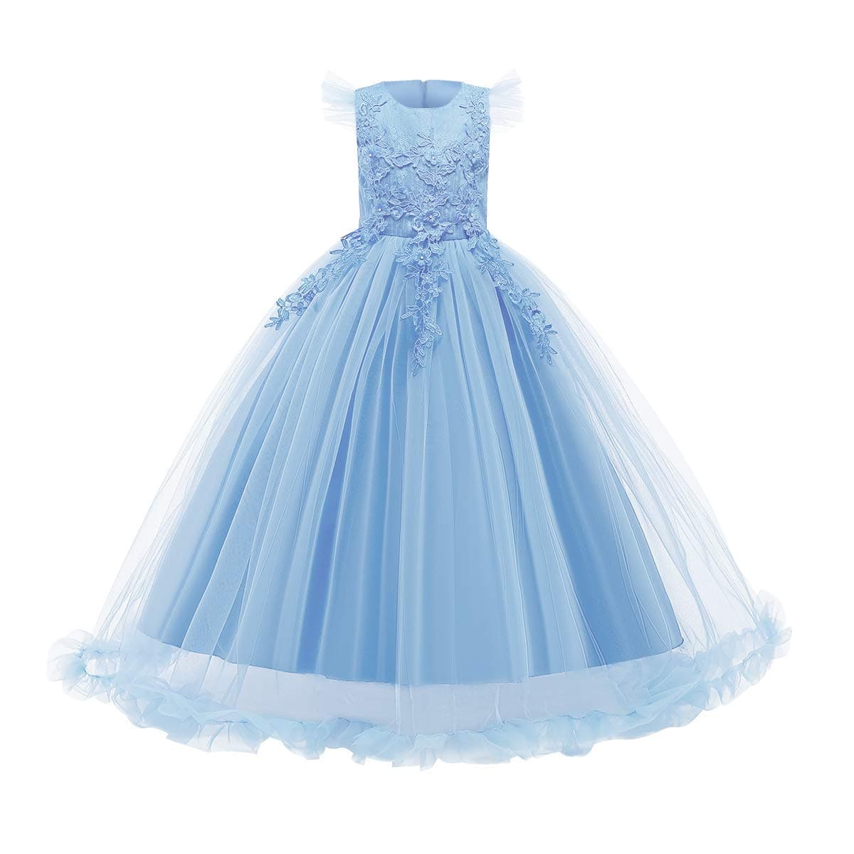 Big Little Girl Princess Embroidery Flower Lace Long A Line Pageant Dress Kids Floor Length Prom First Holy Communion Bowknot Dress Puffy Tulle Maxi Ball Gown for Wedding Party Birthday Blue 89 Years