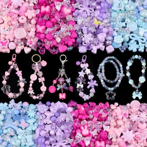 210270PCS TINKRSTUFF Assorted Acrylic Beads4 Mixed Colors Cute Beads for Bracelet Making Bow Flower GummyBear Kawaii Charms Aesthetic Bead for Necklace Keychain Jewelry Making DIY Phone Charm