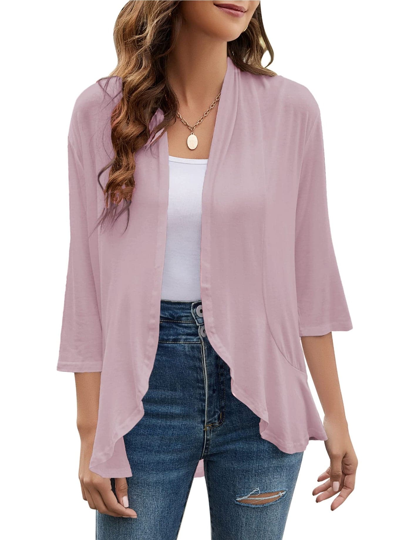 Yekaty Pink Cardigan for Women Open Fron 3/4 Sleeve Lightweight Summer Plus Size Cardigans