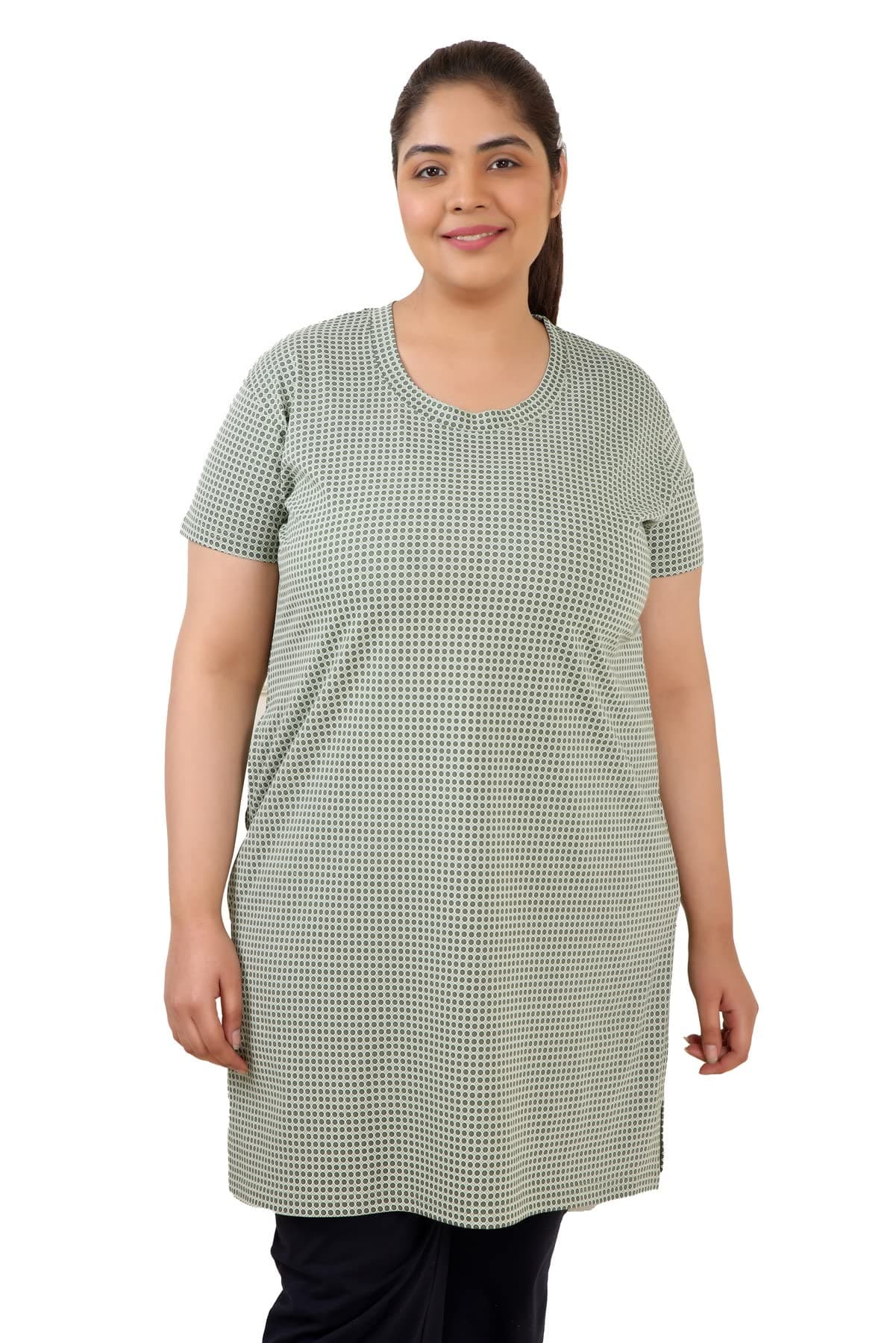 RYSH Women Cotton Regular Fit Plus Size Long-Line All Over Printed T-Shirt With Pocket,Green,Large