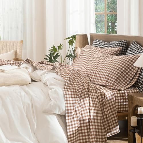 MooMee Gingham Sheet Set 100 Washed Cotton Linen Like Textured Breathable Soft wFully Elasticized 1619 Deep Pocket Classic Gingham Dark Orange King