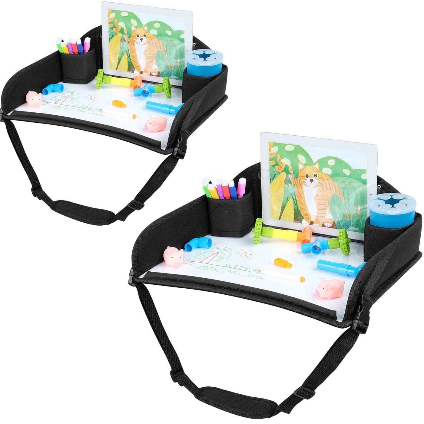 COOLBEBE Kids Travel Tray for Toddler Car Seat Travel Tray for Airplane Toddler Car Seat Lap Tray Carseat Table Tray for Kids Travel Activities Black 2PCS