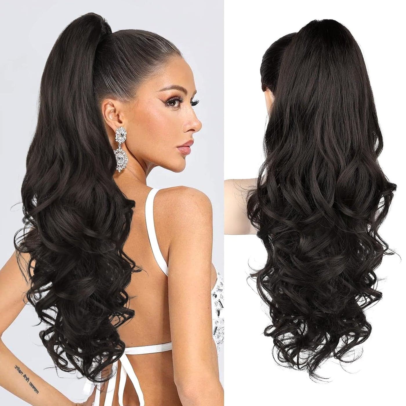 REECHO Ponytail Extension 24 Claw Clip in Ponytail Extension Long Curly Wavy Ponytail Hair Extension Jaw Clip on Pony Tails Hairpiece for Women Black Brown