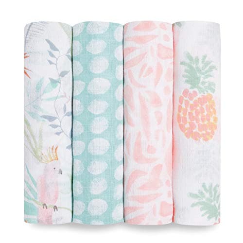 aden anais Essentials Swaddle Blanket Boutique Muslin Blankets for Girls Boys Baby Receiving Swaddles Ideal Newborn Infant Swaddling Set Perfect Shower Gifts 4 Pack Tropicalia