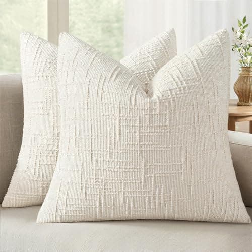 MIULEE Textured Throw Pillow Covers Thick Chenille Decorative Pillows Cream White 20x20 Inch Set of 2 Modern Boho Farmhouse Home Decor Neutral Cushion Covers for Couch Sofa Living Room Bedroom