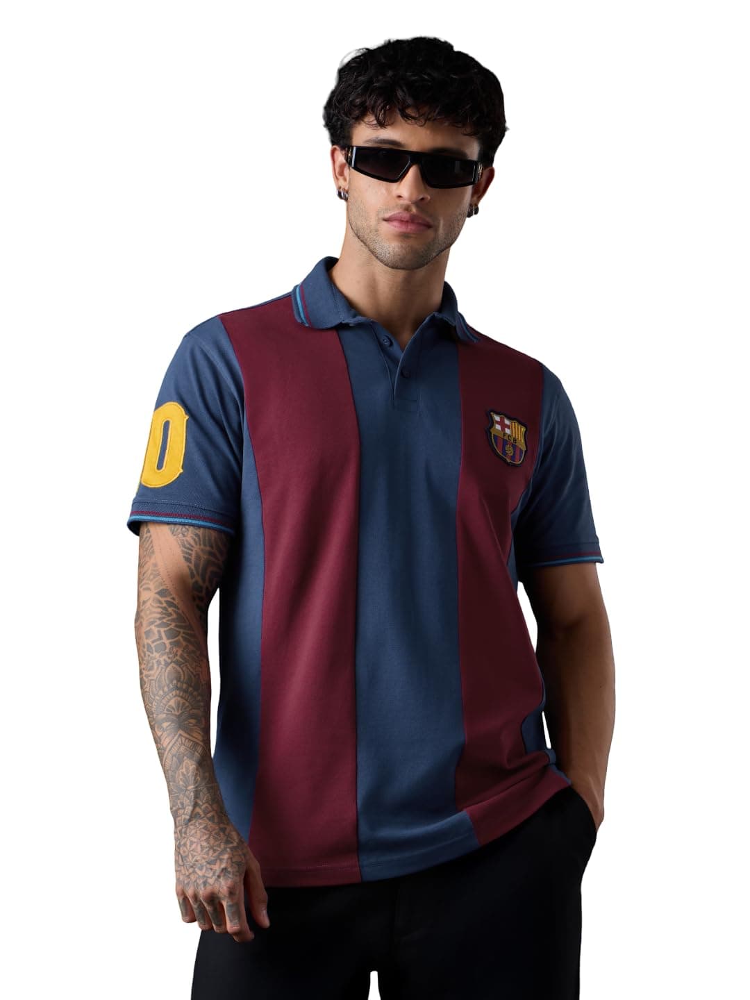 The Souled Store FC Barcelona: Retro Men and Boys Short Sleeve Spread Collar Navy Blue and Maroon Colour-Block Embroidered Cotton Pique Regular Fit Polos
