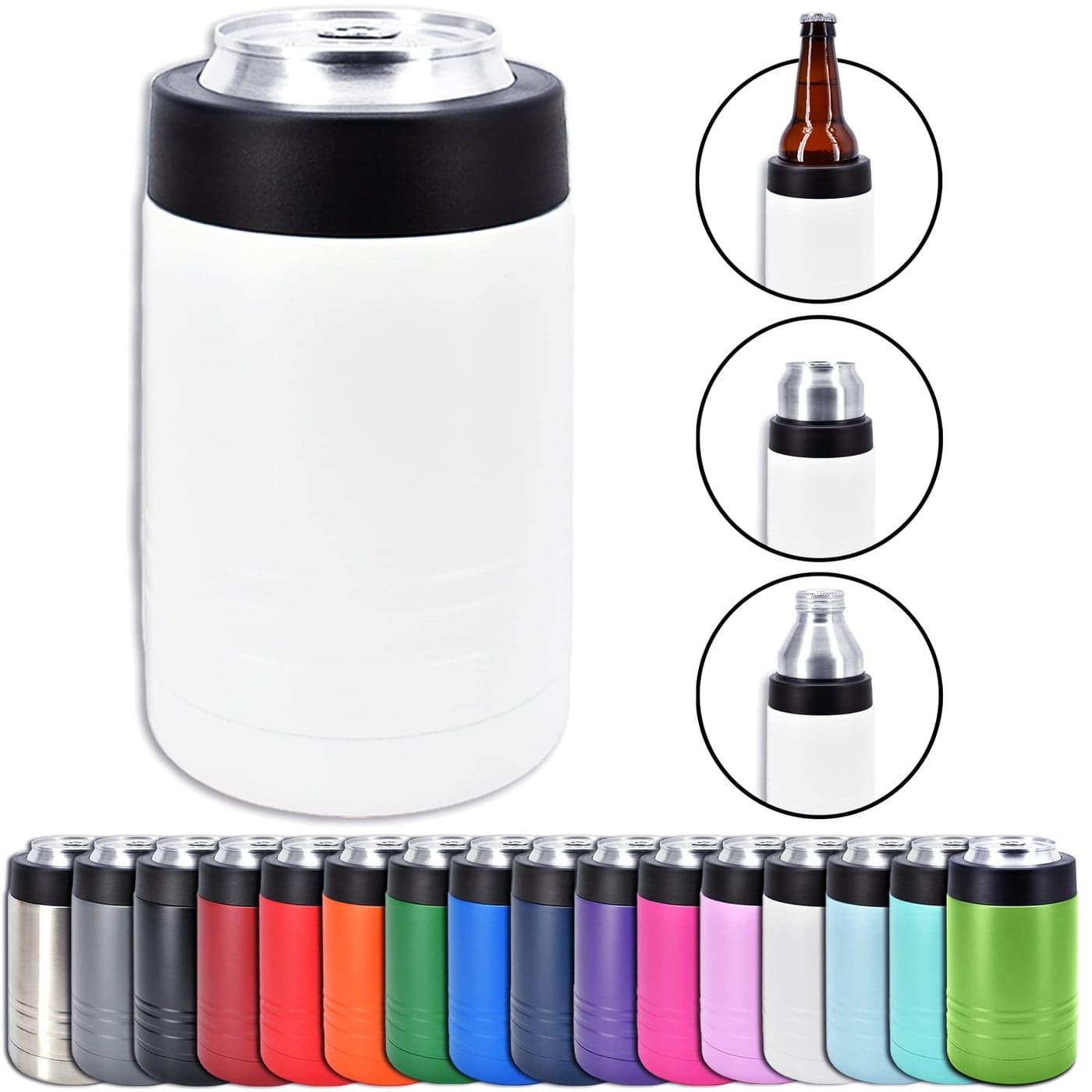 4in1 Stainless Steel 12 oz Double Wall Vacuum Insulated Can or Bottle Cooler Keeps Beverage Cold for Hours Also Fits 16 oz Cans Powder Coated White Clear Water Home Goods