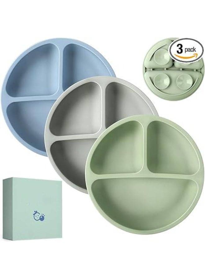 Toddler Plates 3 Pack, Baby Suction Plates, 100% Silicone Baby Plate, BPA Free, Microwave Dishwasher Safe, Divided Design, Blue Green Gray