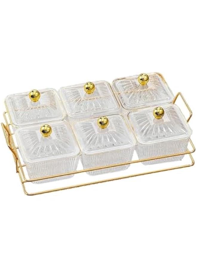 6Pcs Nut and Candy Serving Tray, Divided Snack Serving Bowls, Plastic Compartment Appetizer Food Display Dish Platter with Lid Tray and Handle for Fruit Nuts Snacks Candy,White