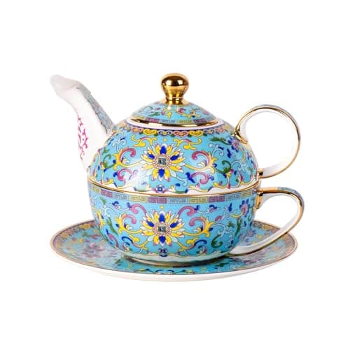 Tea for One, Porcelain Teapot and Cup Set, Vintage Tea Pot and Saucers Set, Ceramic Tea Set for Tea Party, Office and Home, Lake Blue Tea Cups and Saucer Set for Coffee, Cappuccino, Tea