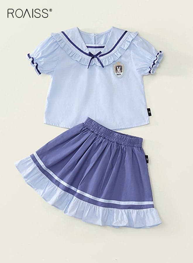 Girls 2PCS Clothing Set, Sailor Collar Puff Sleeves T Shirt and Elastic Waist Skirt Set for Girls, Summer Outfit with Ruffled Top and Skirt, Suitable for Daily Wear or Any Occasion