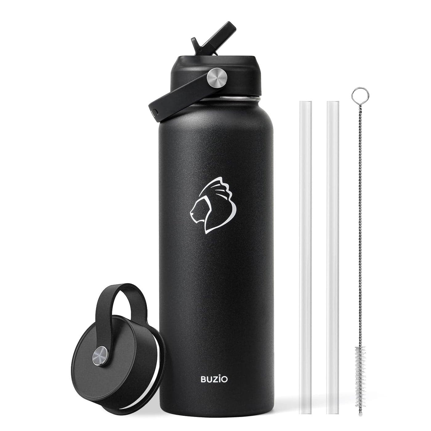 BUZIO 40oz Insulated Water Bottle, Triple Wall Vacuum Stainless Steel Water Flask with 2 lids, Lead-Free BPA-Free Straw Lid Sports Canteen Jug, Cold 48H & Hot 24H- Black