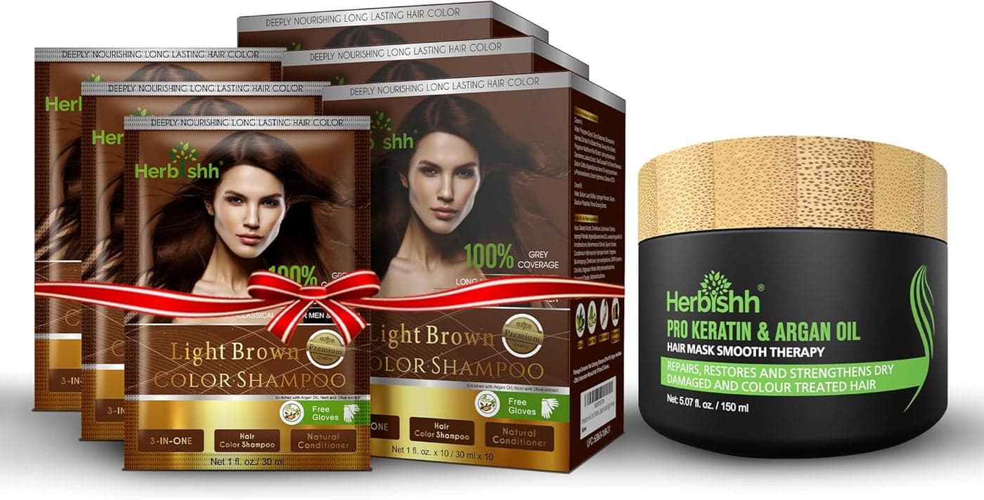 Herbishh Hair Color Shampoo 3 Boxes Travel Pack Combo 1 ProKeratin Argan Hair Mask for Deep Conditioning Hydration 3 in 1 Permanent Hair Dye Shampoo for Grey Hair Light Brown