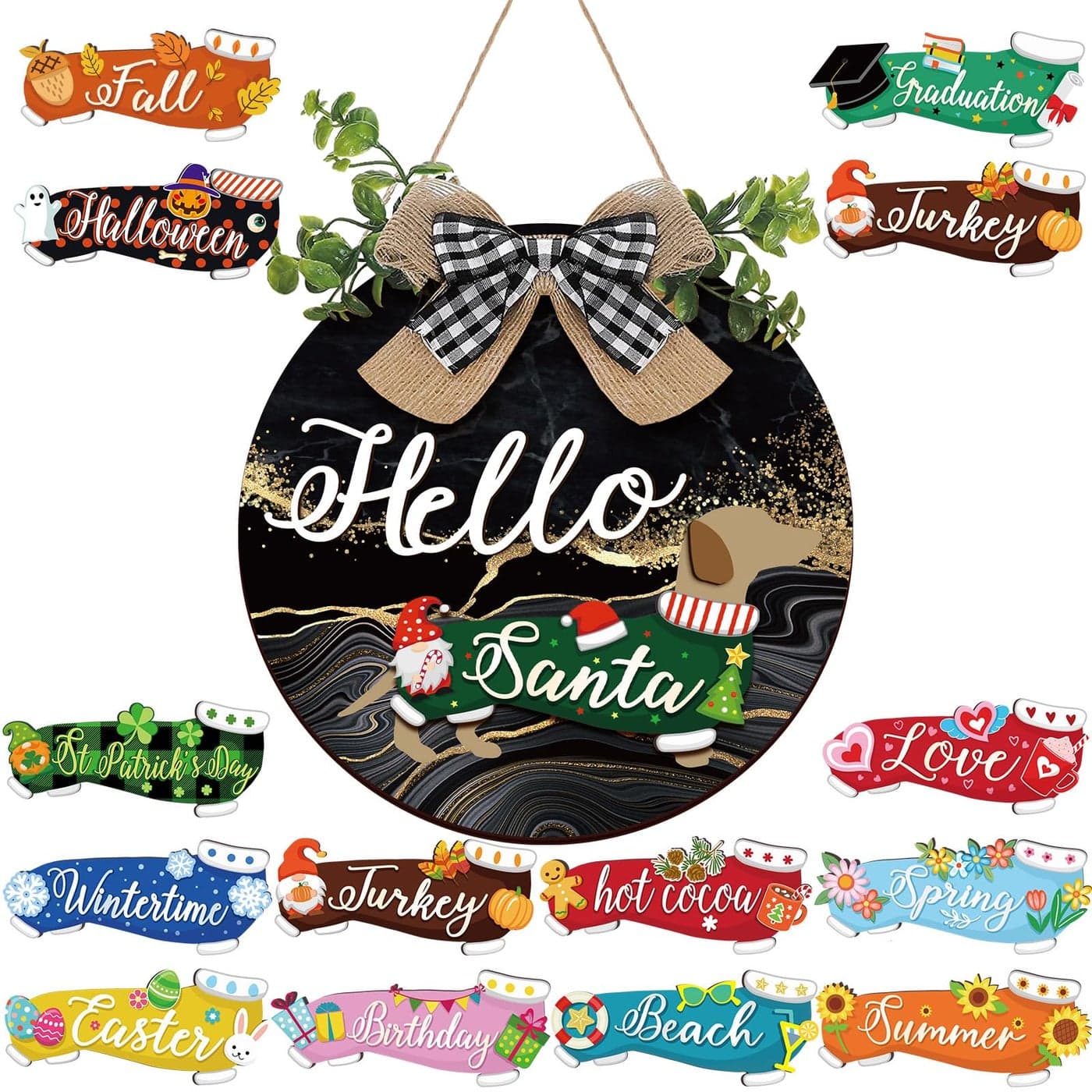 Glenmal 16 Pcs Seasonal Interchangeable Dachshund Door Decor Cute Replaceable Easter Welcome Sign Seasonal Farmhouse Front Door Signs Wood Home SignBlack Gold