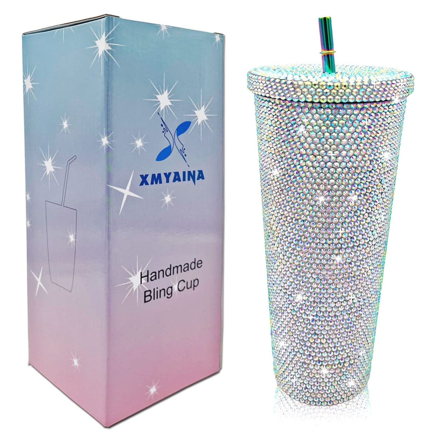 XMYAINA 26oz Bling Cup Diamond Studded Tumbler Glitter Water Bottle with Lid and Straws Stainless Steel Vacuum Insulated Coffee Ice Cup Gift for Women Aurora White