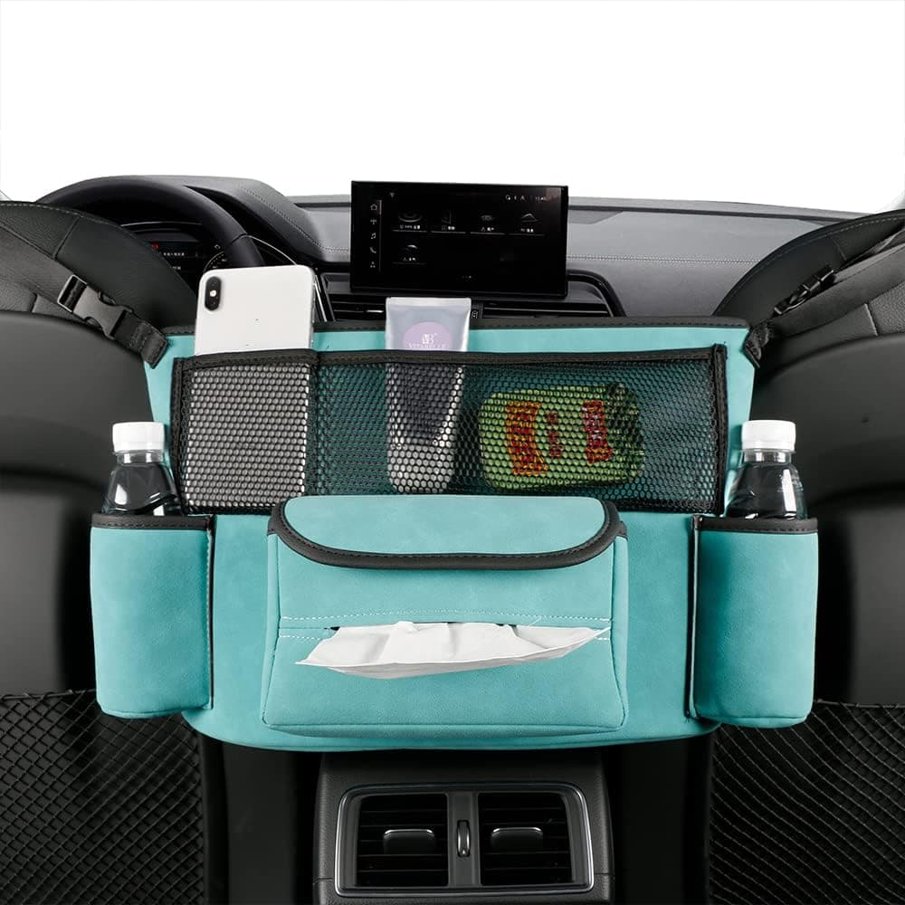 JEYODA Car Handbag Holder Between Seats - Suede Large Capacity Organizer for Documents and Phone Storage (1925-style 2 Blue)