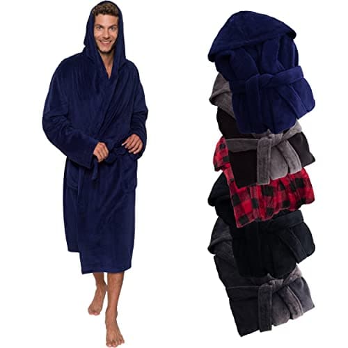 Ross Michaels Mens Robe Hooded Wrap Style - Mid Length Plush Fleece Bathrobe (Navy, Large/X-Large)