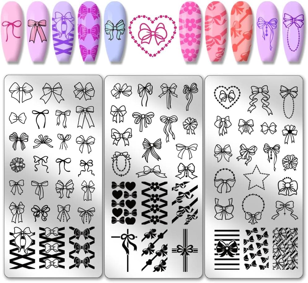 PH PandaHall 66 Patterns Bow Nail Stamper, 3pcs Nail Stamping Plate Cute Bowknot Nail Art Stencils Print Nail Stencils Stainless Steel Nail Plates for Nail Design Print Manicure Salon