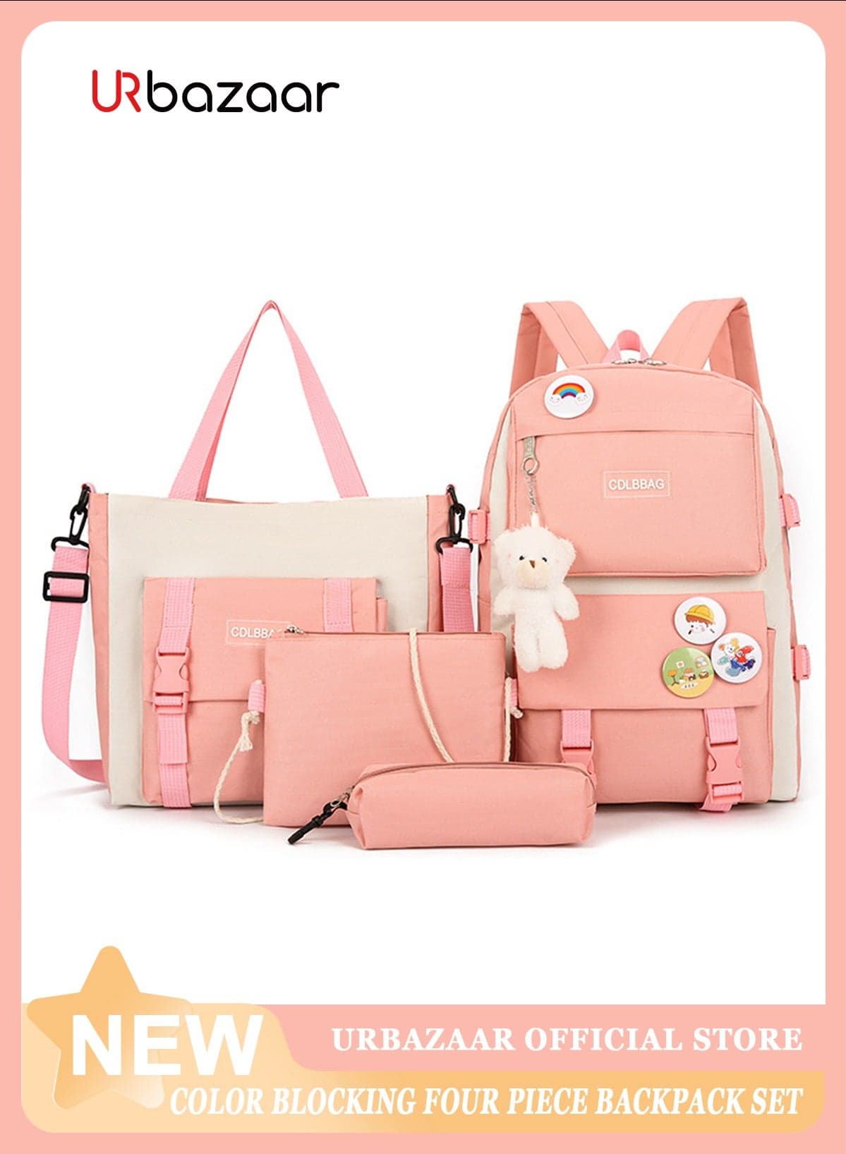 Kawaii Backpack with Kawaii Pendants and Pins Accessories 4Pcs Set Cute Kawaii Rucksack for Teen Girls School Bag, Pink, 16.7x12.2x4.7in, Rucksack Backpacks