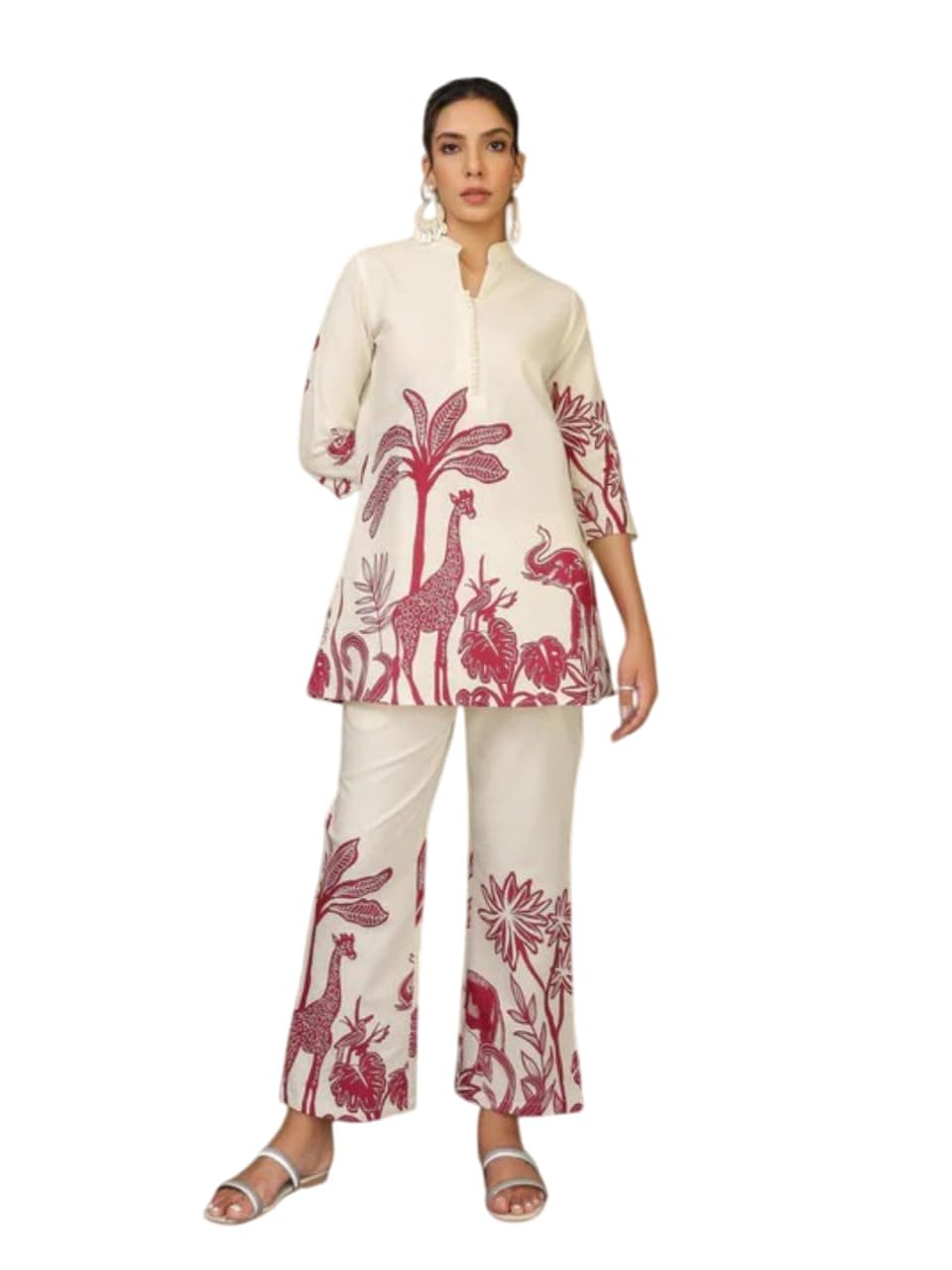 NAINVISH Women's Floral Straight Rayon Blend Mandarin Collar Co-ord Set (SD857_KB-XXL_Beige & Maroon)