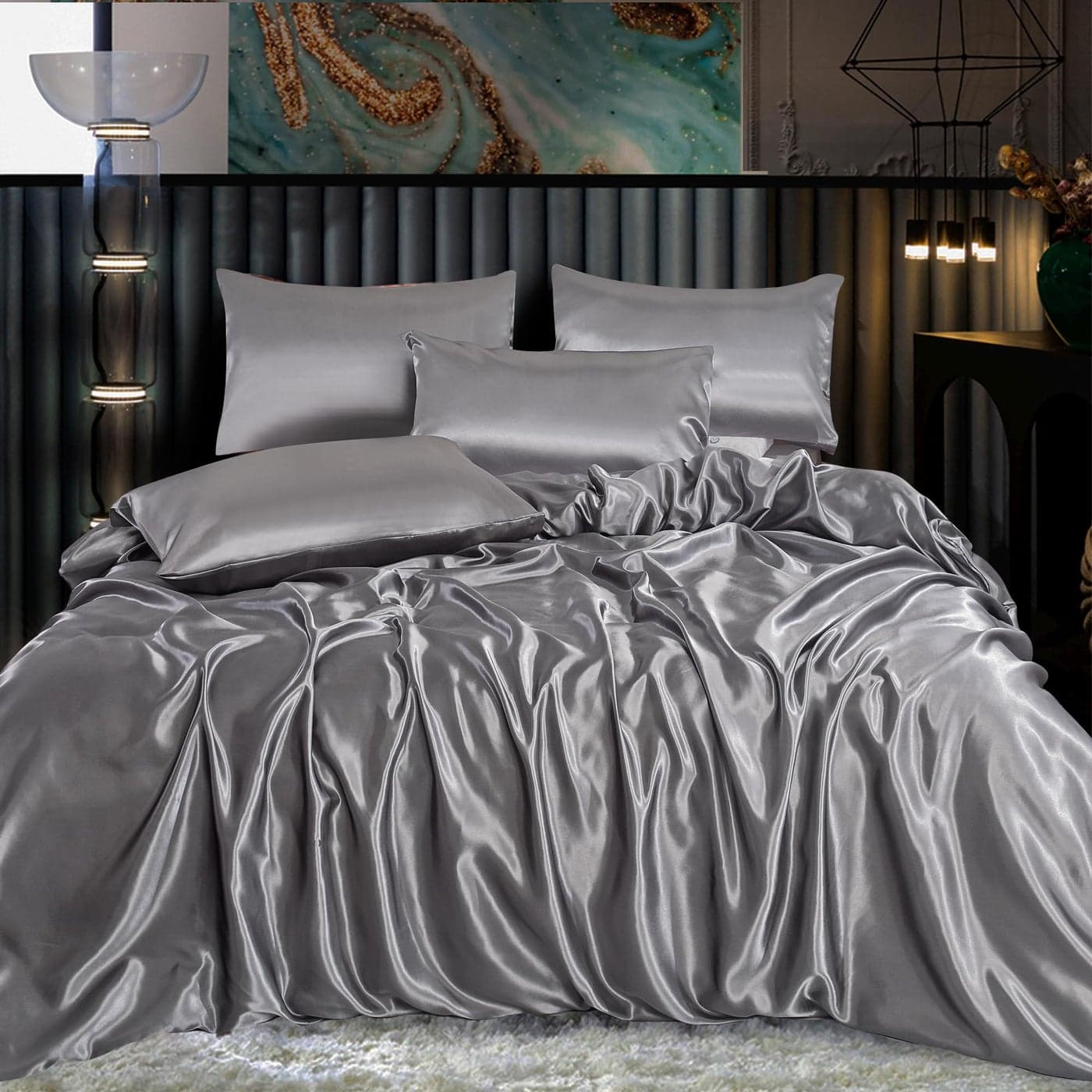 ROOEE Satin Silk Complete Bedding Set 6 PCS Fitted sheet Duvet Cover 4 Pillow Cases Color Silver Size King