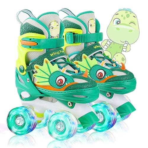 Dino Kids Toddler Roller Skates for Boys Girls,WESKIFAN Dinosaur Quad Skating Shoes with Shiny Light up Wheels&Adjustable Sizes Beginners rollerskates for Birthday Xmas Gifts (Green, S(10~13J))