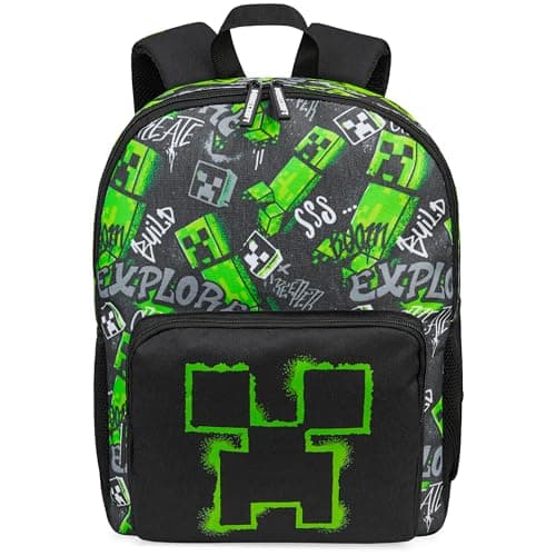 Minecraft Backpacks for Kids Creeper Boy Bag with Zipped Pockets Adjustable Straps (Black)