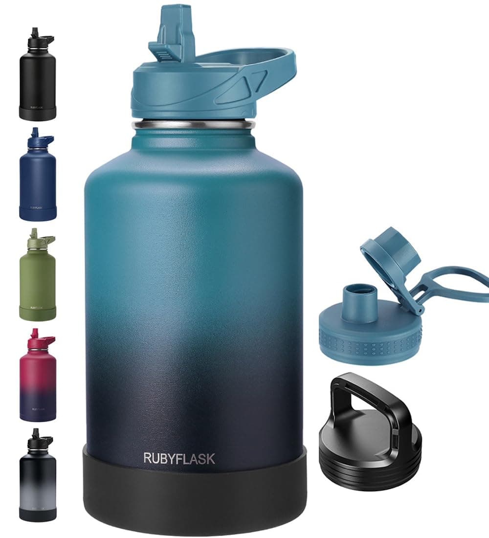 RUBYFLASK 64oz Insulated Water Bottle with Straw, Half Gallon Stainless Steel Vacuum Water Jug, Large Thermal Water Bottle Flask with Leakproof 3 Lids for Travel, Camping, Gym Sports Indigo Black