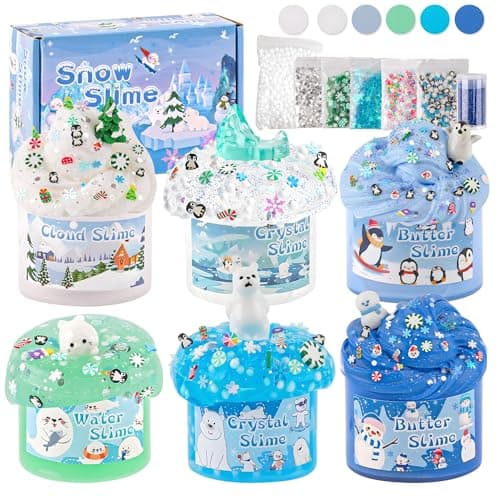 LAWOHO 6 Packs Snow Slime Kit Butter Clear Water Cloud Slimes Fluffy Slime Making Kit for Kids with Cute Charms Addins Blue Kids Slimes Kits for Girls Boys Birthday Christmas Easter Gifts