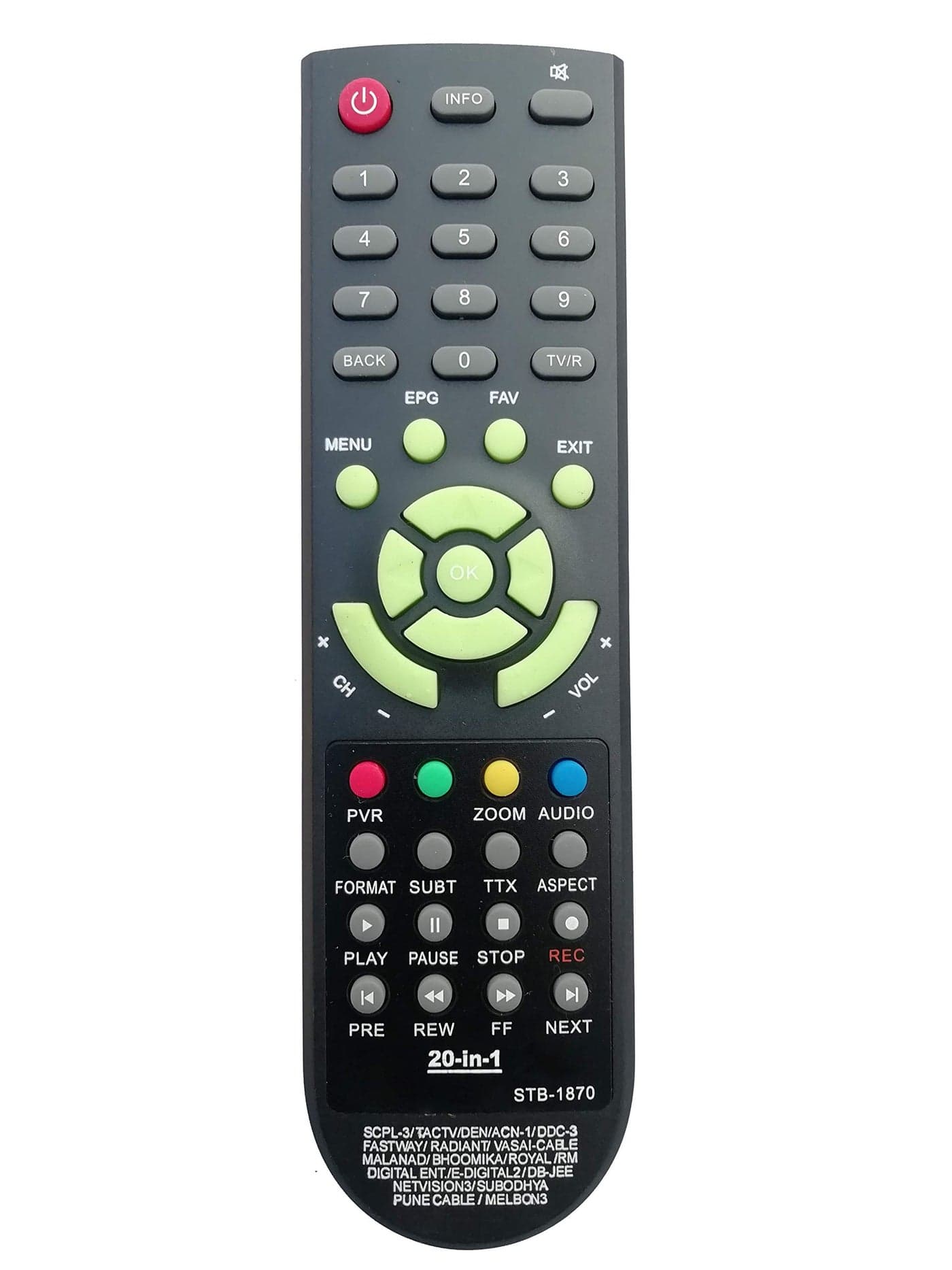 LipiWorld® STB-1870 20in1 Set Top Box Remote Control Compatible for Den Melbon and More