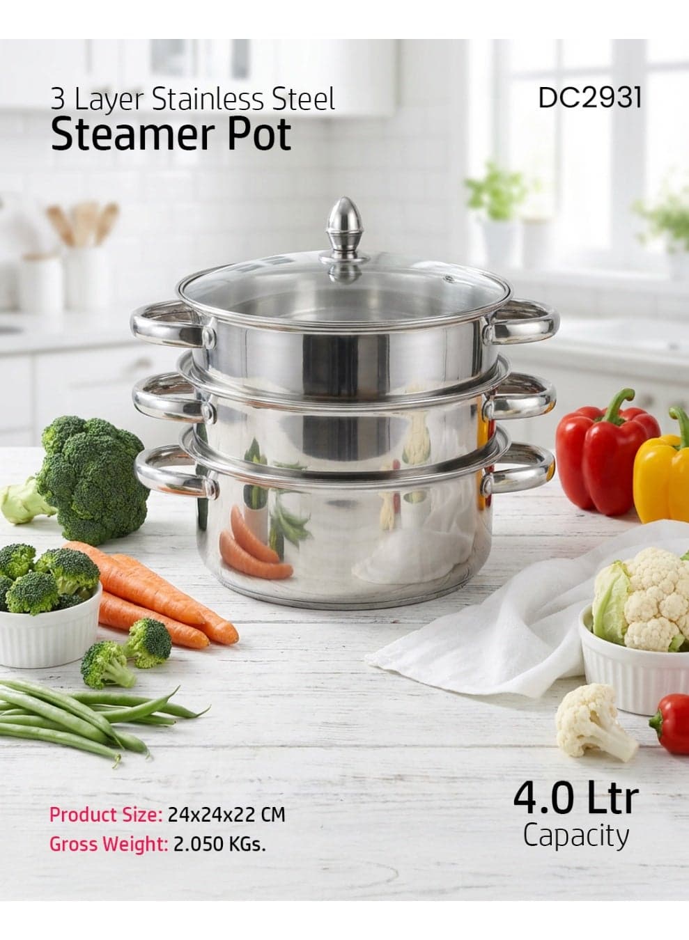 Delcasa 3 Layer SS induction Steamer pot with Glass Lid 24CM 4.0L