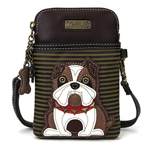 CHALA Dog Collection Cell Phone Crossbody Purse-Women PU Leather/Canvas Multicolor Handbag with Adjustable Strap - Bulldog - olive stripe